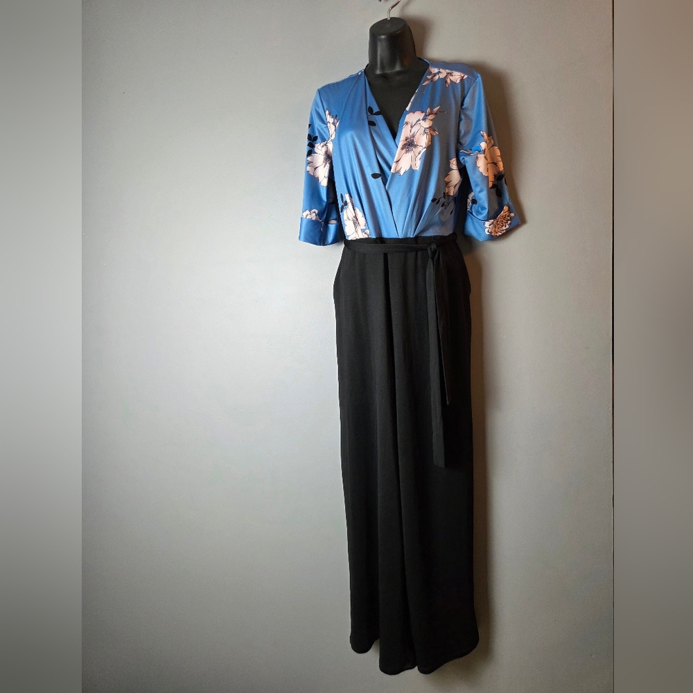 Chic Blue Floral Jumpsuit with Black Pants